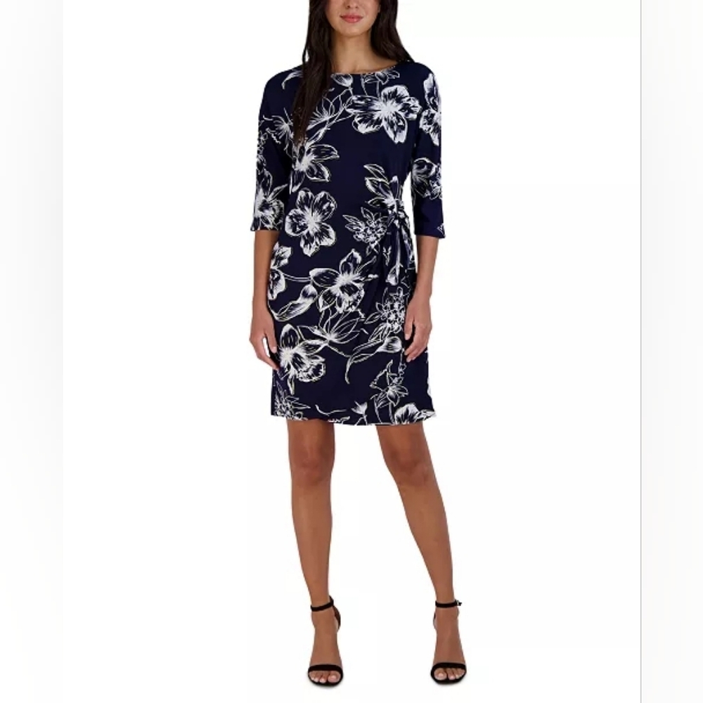 Signature by Robbie Bee Navy and White Floral Tie-Accent Shift Dress Sz PS. #G13